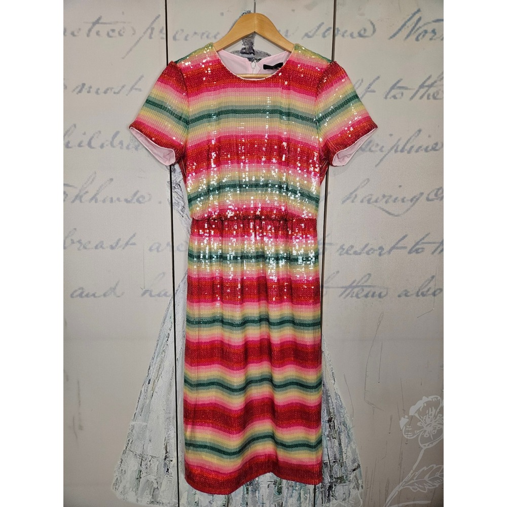 J.Crew Sequin Stripe Dress 6 Multicolor Rainbow Watermelon Sheath Party Pride